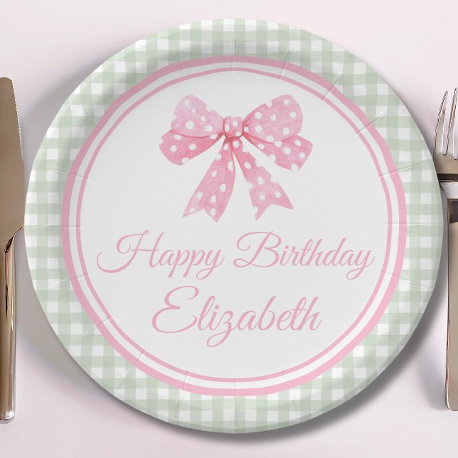 Plato De Papel Coquette Pink Bow Y Sage Gingham Birthday (Subido por el creador)