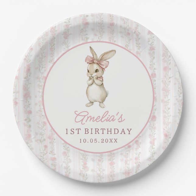 Plato De Papel Coquette Pink Bunny Birthday Party Paper Plates (Anverso)
