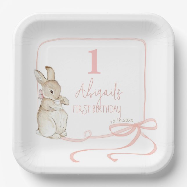Plato De Papel Coquette Pink Peter the Rabbit 1er cumpleaños (Anverso)