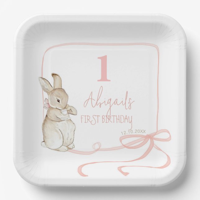 Plato De Papel Coquette Pink Peter the Rabbit 1er cumpleaños (Anverso)