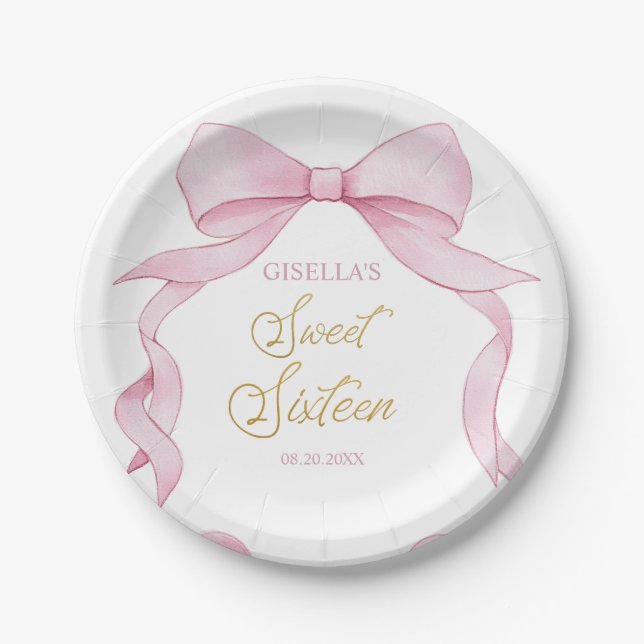 Plato De Papel Coquette Pink Ribbon Bows Sweet 16 Dieciséis (Anverso)