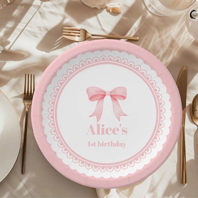 Plato De Papel Coquette Pink Watercolor Bow Primer Cumpleaños (Subido por el creador)