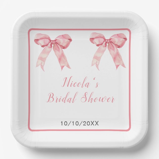 Plato De Papel Coquette rosa Bow Bridal Shower (Anverso)
