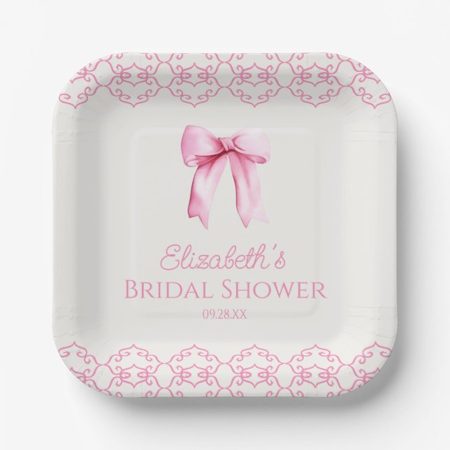 Plato De Papel Coquette rosa Bow Bridal Shower (Anverso)