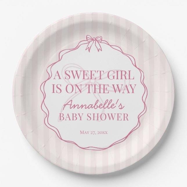 Plato De Papel Coquette rosa Bow Pastel Baby Shower (Anverso)