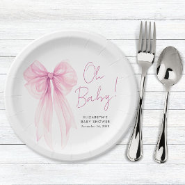 Plato De Papel Coquette rosa Bow Watercolour Baby Shower