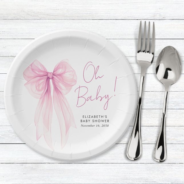 Plato De Papel Coquette rosa Bow Watercolour Baby Shower (Subido por el creador)