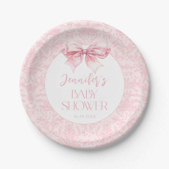 Plato De Papel Coquette Rubor Pink Bow Baby Shower (Anverso)