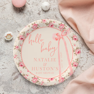 Plato De Papel Coquette Rubor Pink Bow Floral Baby Shower Persona