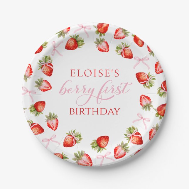 Plato De Papel Coquette Strawberry Bow Primer cumpleaños (Anverso)