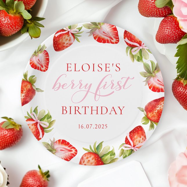 Plato De Papel Coquette Strawberry Bow Primer cumpleaños (Subido por el creador)