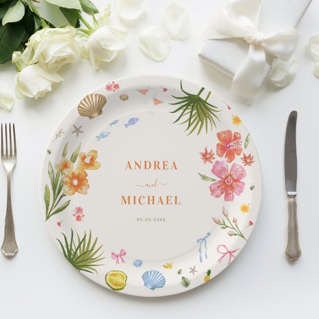 Plato De Papel Coquette Tropical Seasheles Boda de árbol de palma (Subido por el creador)