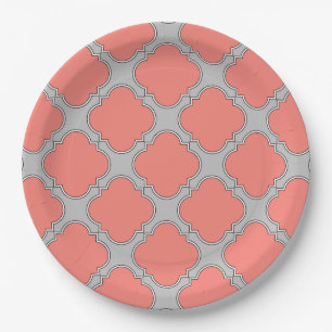 Plato De Papel Coral de quatrefoil y gris
