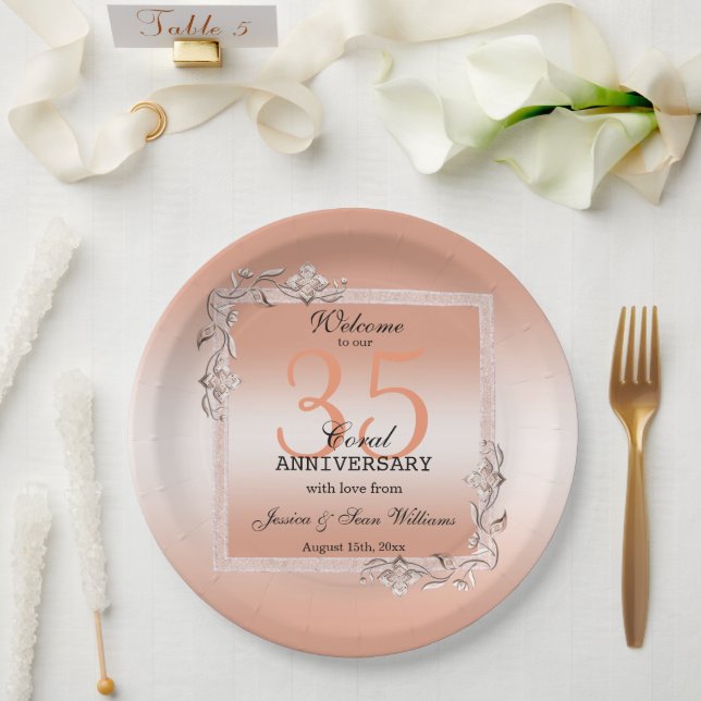 Plato De Papel Coral Gem y Purpurina 35° Aniversario Boda (Boda)