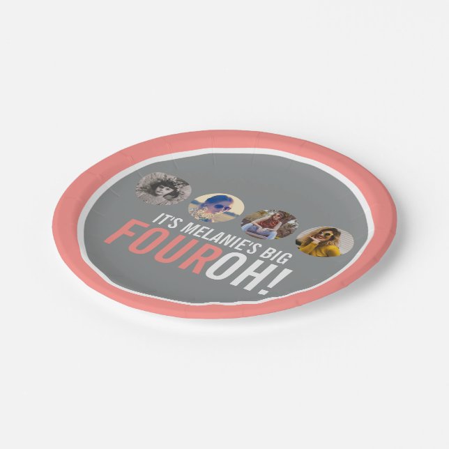 Plato De Papel Coral gray 40th FOUROH! cuatro fotos cumpleaños (Angular)