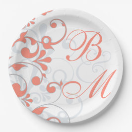 Plato De Papel Coral Gray Floral Monograma Boda Ducha de novia