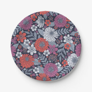 Plato De Papel Coral, magenta y azul de zinnias florales