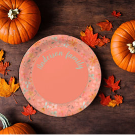 Plato De Papel Coral naranja floral acuarela nombre verde