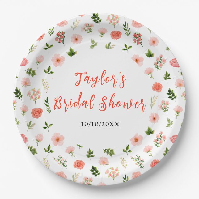 Plato De Papel Coral Pink Red Roses Floral Bridal Shower (Anverso)