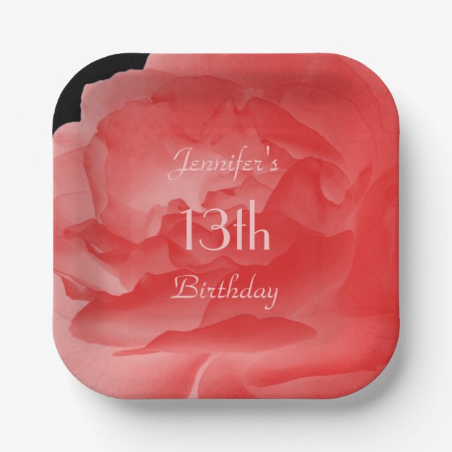 Plato De Papel Coral Pink Rose 13th Birthday Party Name Square (Anverso)