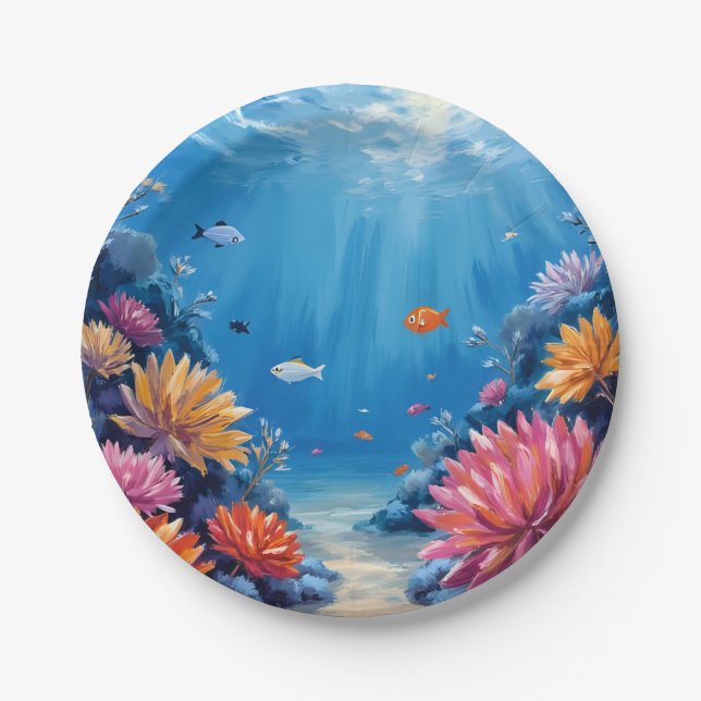 Plato De Papel Coral Reef Under the Sea Ocean Painting (Anverso)