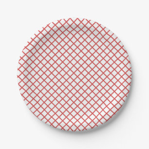 Plato De Papel Coral Rojo - Blanco en Enrejado de Diamante
