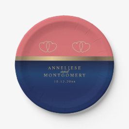 Plato De Papel Coral y azul marino con corazones dorados