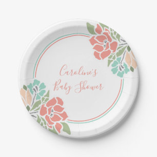 Plato De Papel Coral y Baby Shower floral verde azulado
