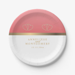 Plato De Papel Coral y blanco con corazón de oro