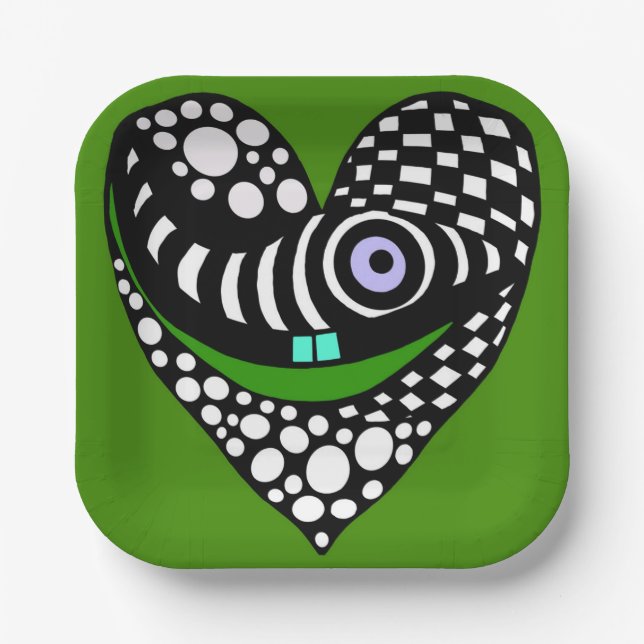 Plato De Papel Corazón abstracto en verde (Anverso)