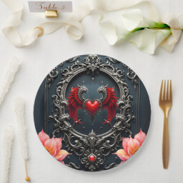 Plato De Papel Corazón Alado Carmesí Romance Gótico Elegante .