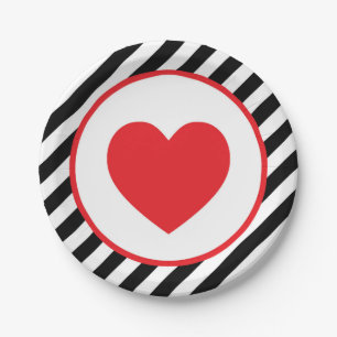 Plato De Papel corazón blanco y negro del rojo de la raya