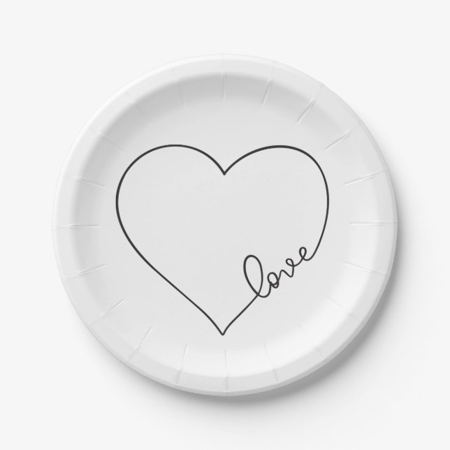 Plato De Papel Corazón Boda blanco negro ducha de novia Minimalis (Anverso)