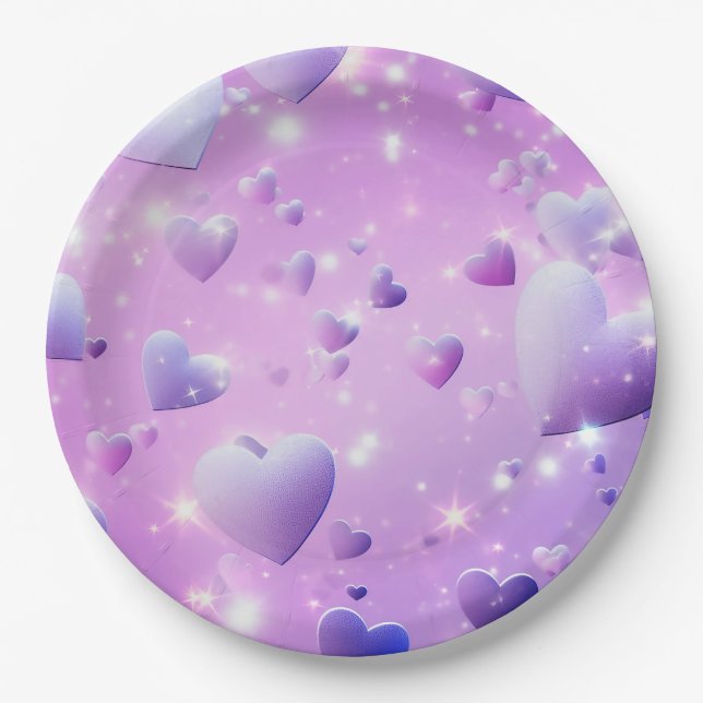 Plato De Papel Corazón con brillo púrpura  (Anverso)