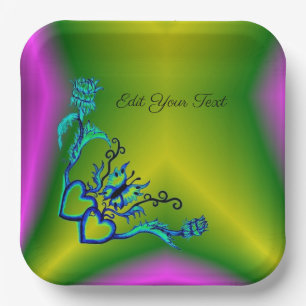 Plato De Papel Corazón con flor y mariposa