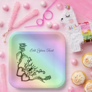 Plato De Papel Corazón con flor y mariposa