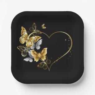 Plato De Papel Corazón con mariposas doradas