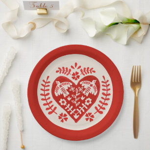 Plato De Papel Corazón de Arte Popular Rojo y Blanco