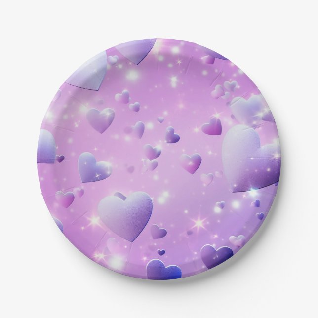 Plato De Papel Corazón de brillo púrpura  (Anverso)