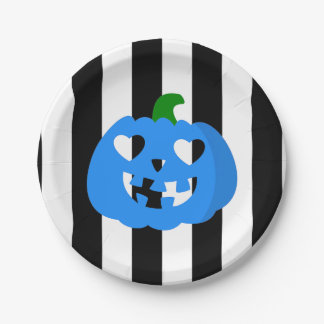 Plato De Papel corazón de calabaza de Halloween azul a rayas