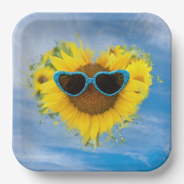 Plato De Papel Corazón de girasol abstracto en el cielo (Anverso)