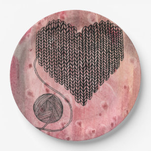 Plato De Papel Corazón de Lana Tejido Pastel Rosa Acuarela Papel