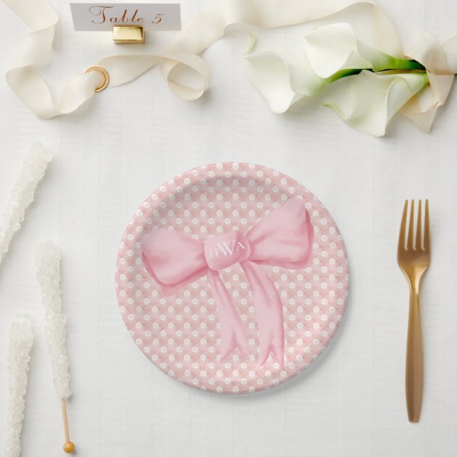 Plato De Papel Corazón de monograma de arco rosado (Boda)