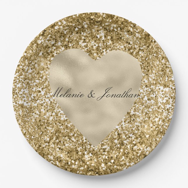 Plato De Papel Corazón de Oro Brillo Personalizado (Anverso)