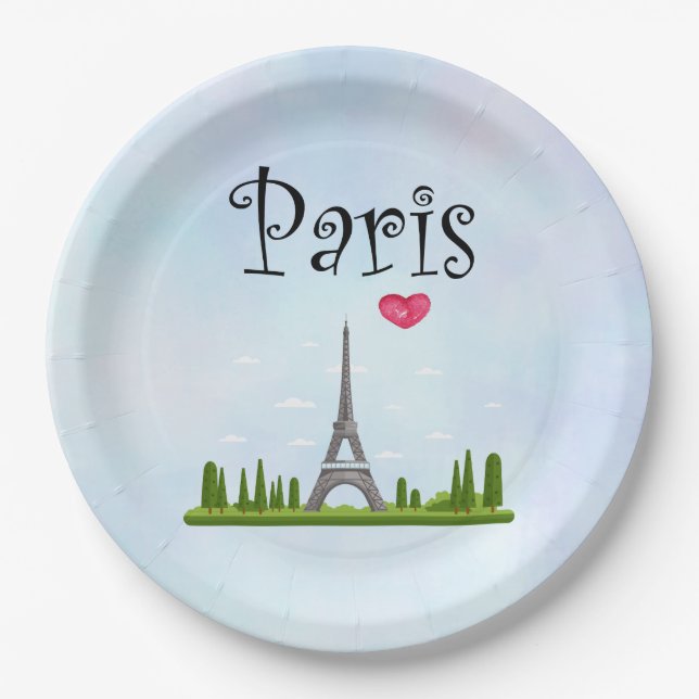 Plato De Papel Corazón de París con la Torre Eiffel (Anverso)
