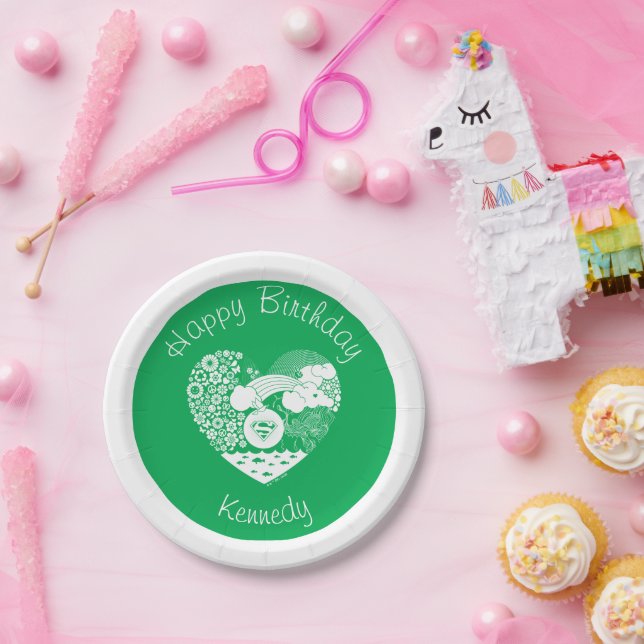 Plato De Papel Corazón de paz floral de superchica (Fiesta)