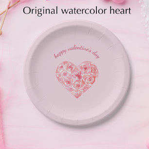 Plato De Papel Corazón de Rosa de Acuarela Personalizada para el