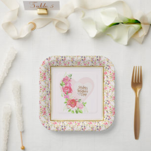 Plato De Papel Corazón de Rosa Elegante Feliz Día de la Madre Fie