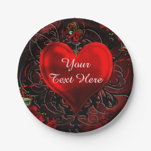 Plato De Papel Corazón Floral Ornamental Fiesta Negro y Rojo