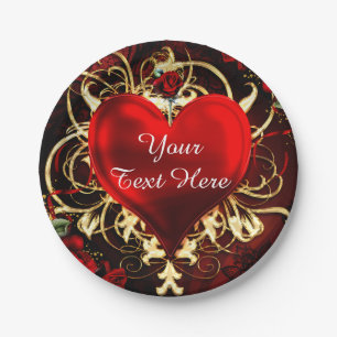 Plato De Papel Corazón floral ornamental negro rojo dorado fiesta